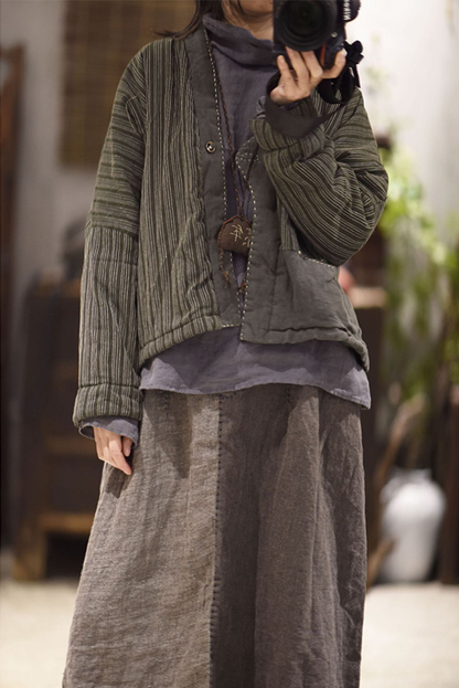 New Retro Linen Striped Stitching Cardigan Cotton Jacket