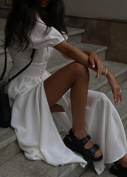 Boutique White V Neck Front Open Puff Sleeve Patchwork Cotton Dress
