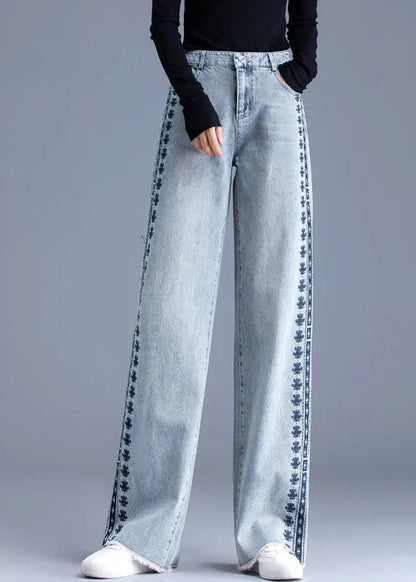 Blue Embroidered Pockets Patchwork Denim Pants Spring