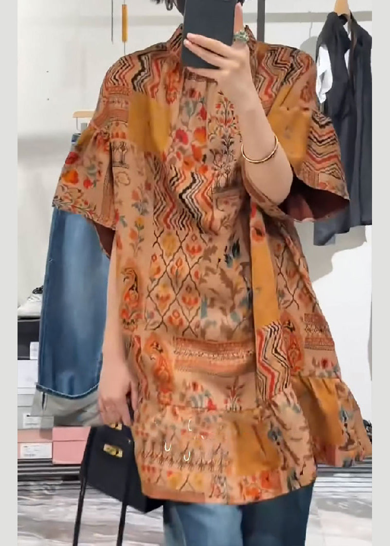 Orange Stand Collar Print Patchwork Silk Shirts Summer