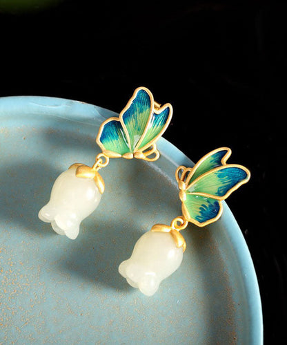 White Sterling Silver Overgild Jade Cloisonne Drop Earrings