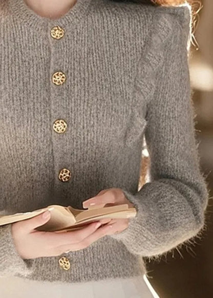 Grey O Neck Ruffled Patchwork Knit Top Spring