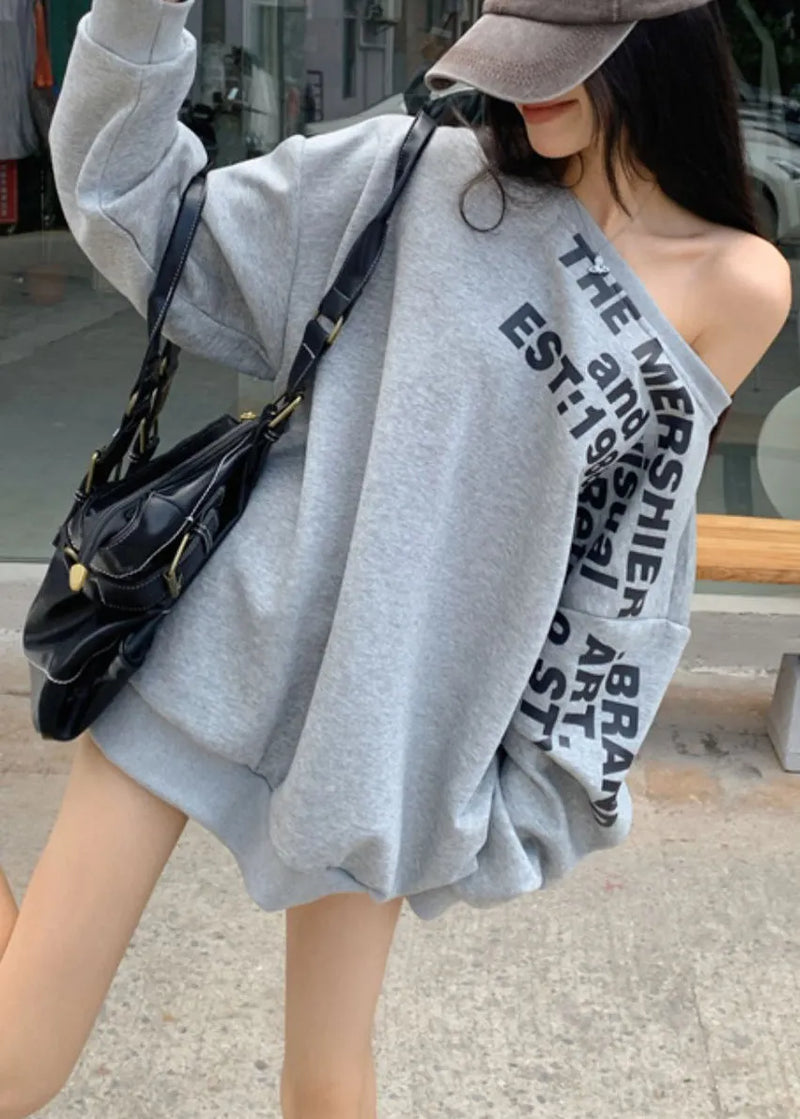 Loose Grey Cold Shoulder Letter Print Cotton Sweatshirt Spring
