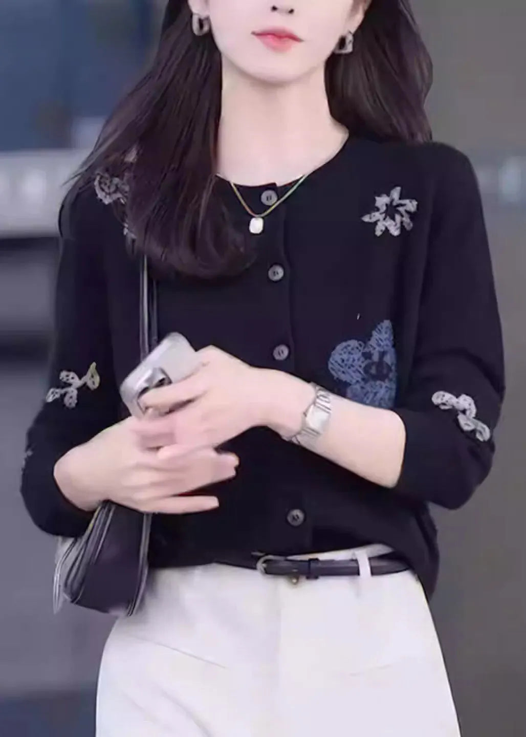 New Black O Neck Print Button Knit Coat Fall