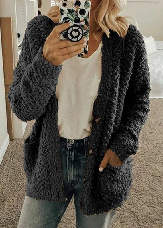 Red Pockets Button Woolen Loose Coat Fall