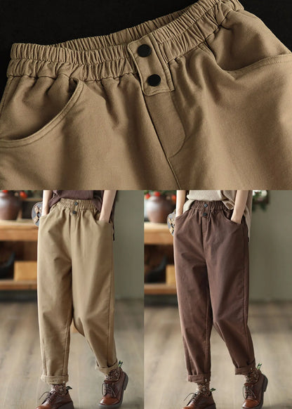 Khaki Elastic Waist Oversized Cotton Harem Pants Fall
