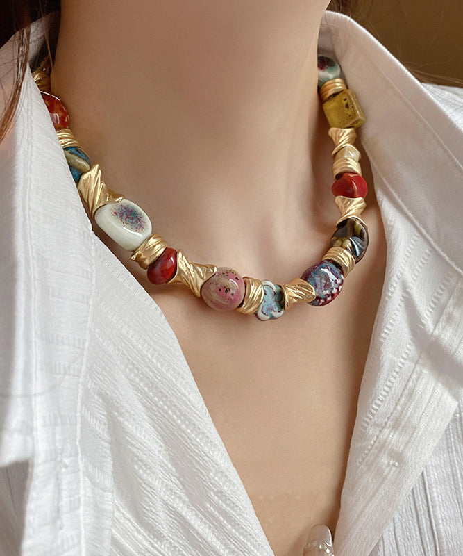 Rainbow Sterling Silver Overgild Ceramic Beads Collar Necklace