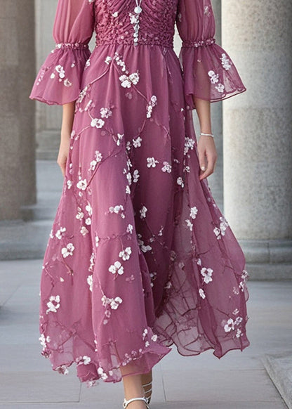 Purple Square Collar Print Chiffon Holiday Dress Summer