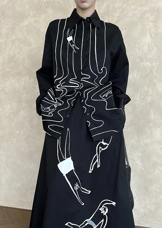 Black Cotton Shirt Tops Peter Pan Collar Graffiti Fall