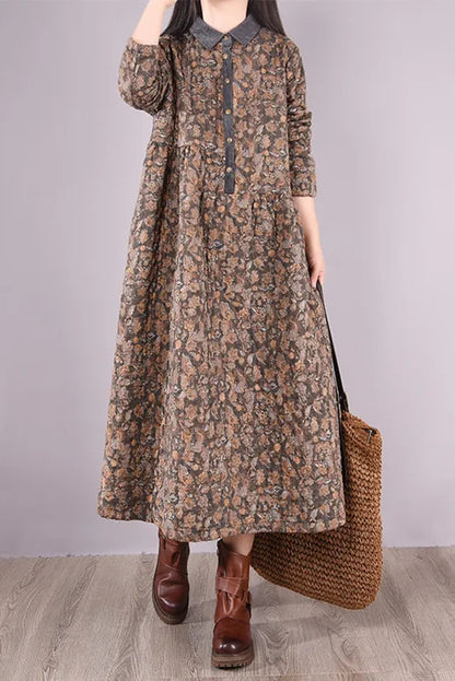 Winter Quilted Print Dress Cotton Linen Dress