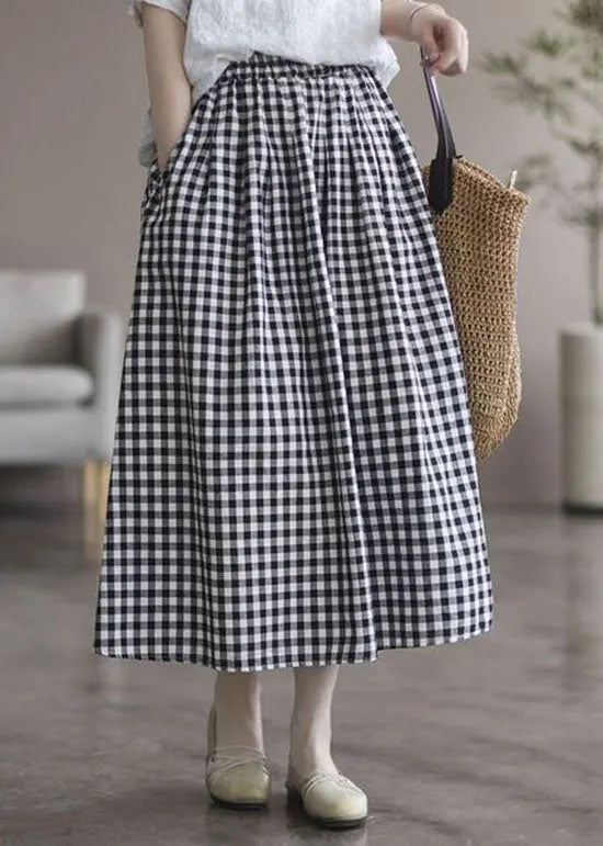 Plaid Wrinkled Pockets Patchwork Cotton Skirts Summer
