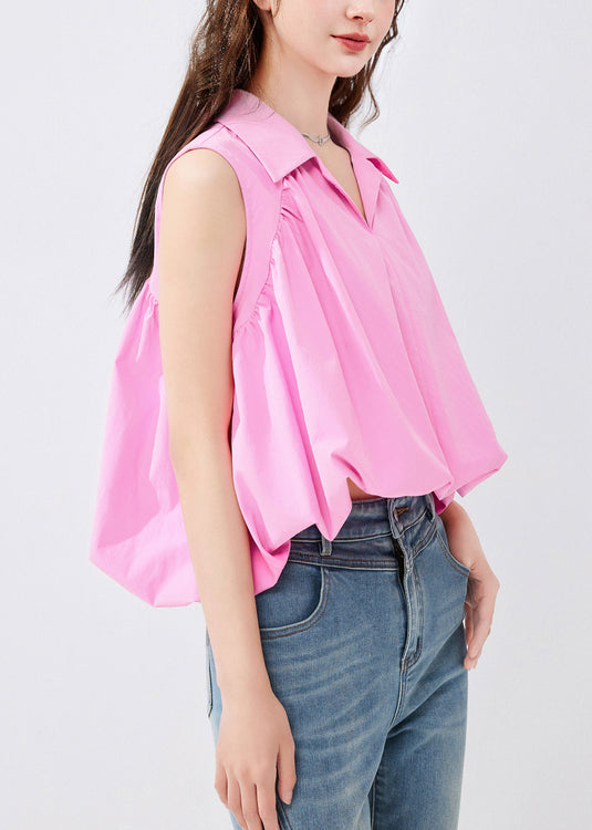 French Pink Peter Pan Collar Cotton Shirt Sleeveless