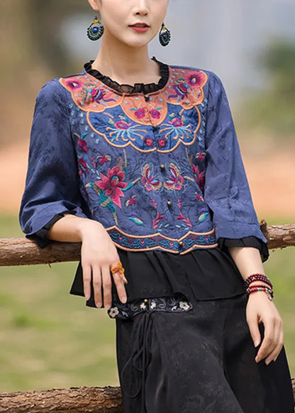 Light Blue O-neck Button Chiffon Top Long Sleeve