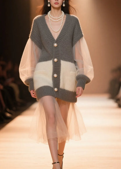 Colorblock V Neck Tulle Patchwork Knit Cardigans Fall