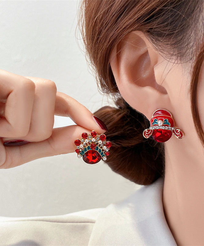 Red Zircon Crystal Pearl Asymmetric Design Peking Opera Mask Stud Earrings