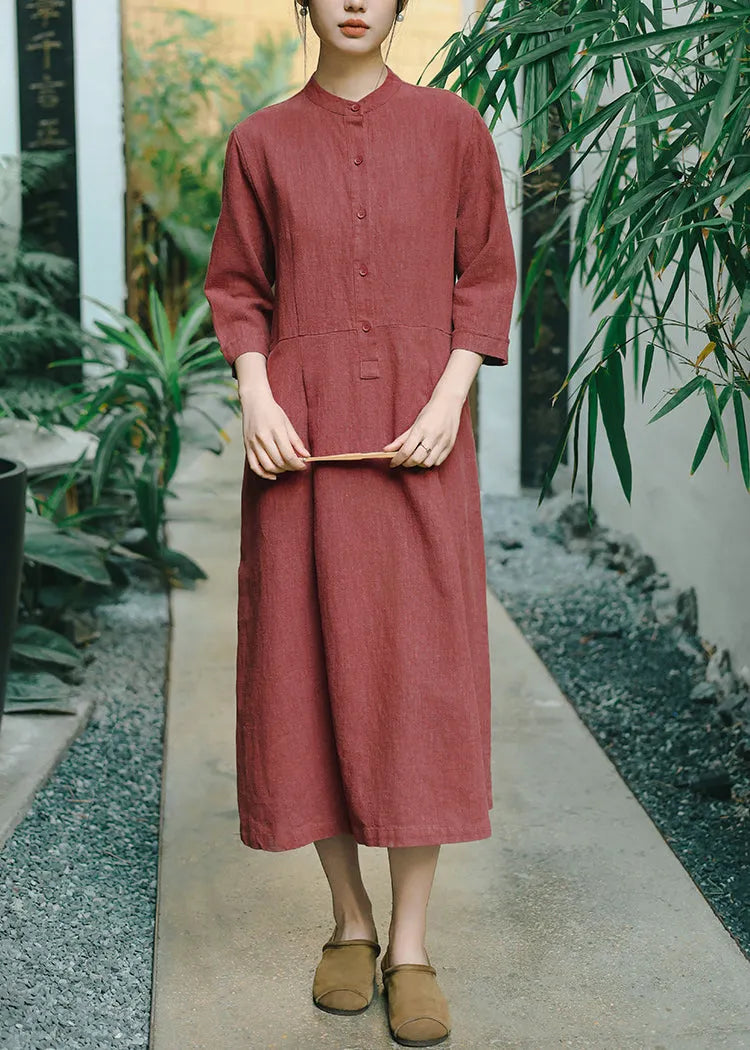 Chinese Style Brown Stand Collar Button Linen Dresses Bracelet Sleeve