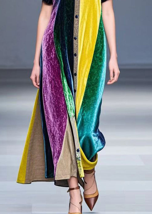 Colorblock Peter Pan Collar Patchwork Silk Velvet Robe Dresses Fall