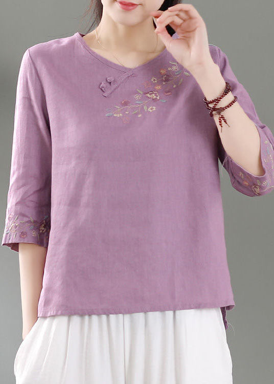 Purple Patchwork Linen Shirt Top O-neck Embroidered Three Quarter Sleeve