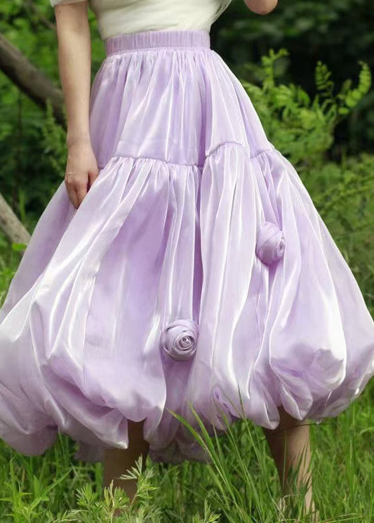Purple Elastic Waist Silk Skirts Summer