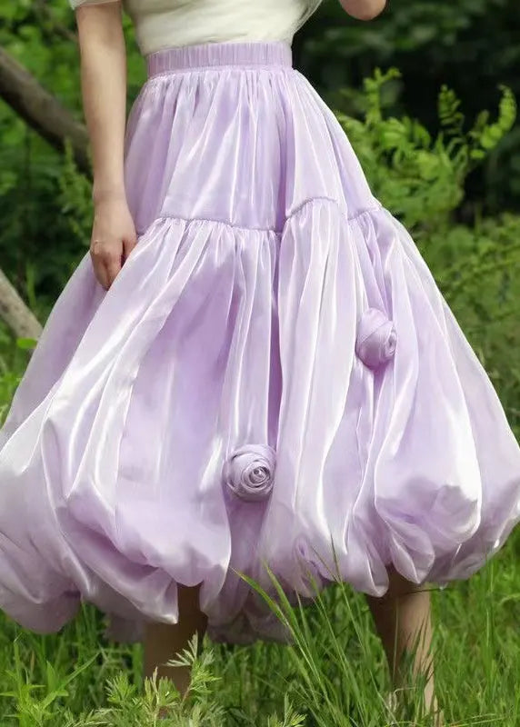 Purple Elastic Waist Silk Skirts Summer