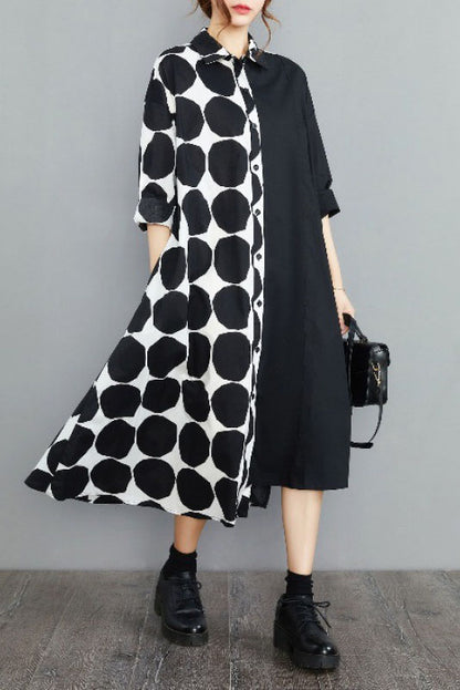 Spring Polka Dot Colorblock Lapel Shirt Dress