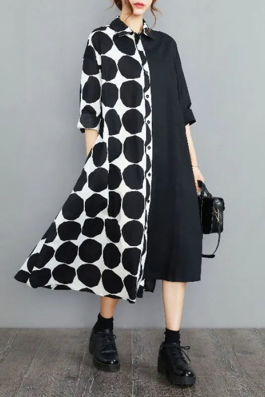 Spring Polka Dot Colorblock Lapel Shirt Dress