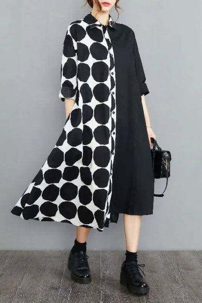 Spring Polka Dot Colorblock Lapel Shirt Dress