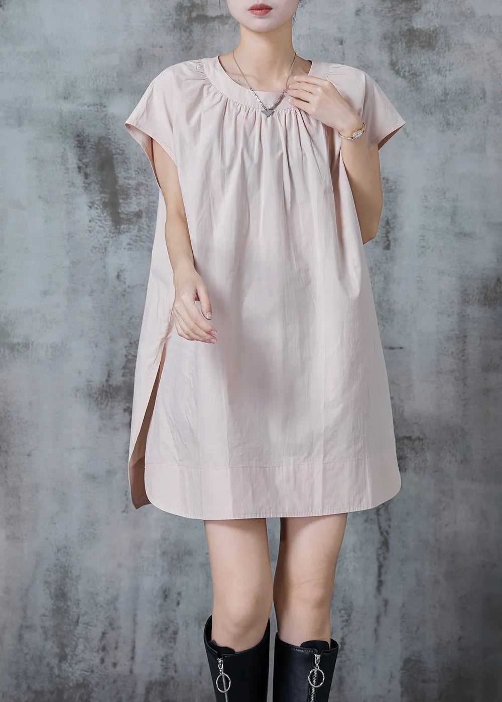 Simple Apricot Oversized Side Open Cotton Day Dress Summer