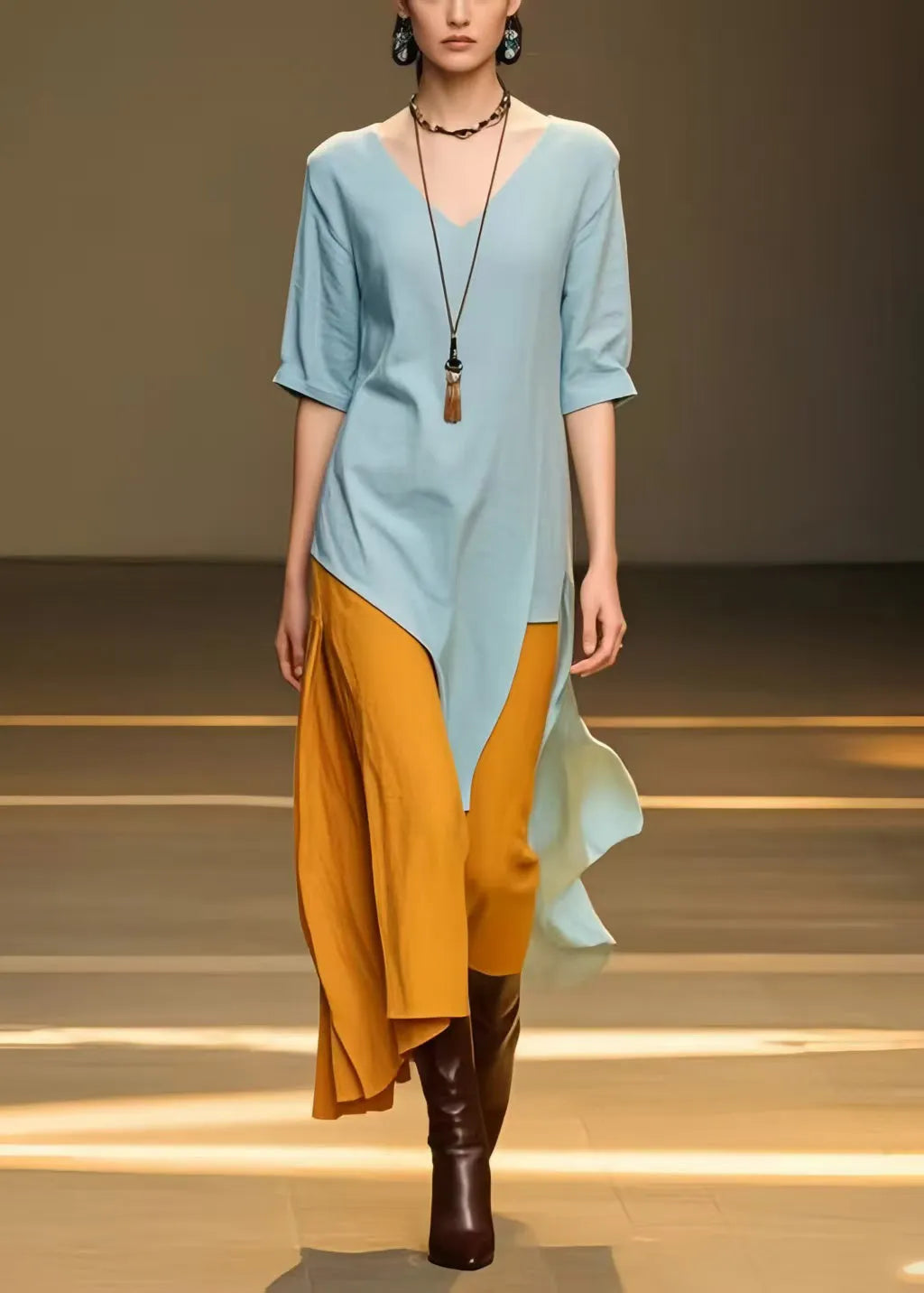 Sky Blue Asymmetrical Patchwork Cotton Long Dress Summer