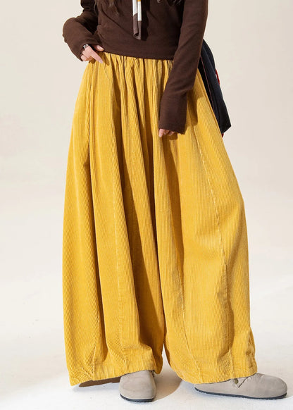 Black Elastic Waist Corduroy Wide Leg Pants Fall