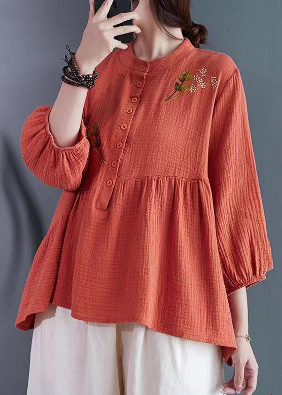 Brick Red Embroidered Cotton Tops Summer