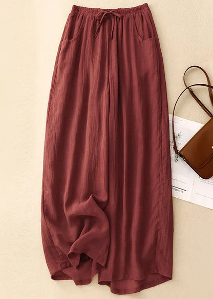 Simple Blackish Green Pockets Elastic Waist Linen Wide Leg Pants Summer
