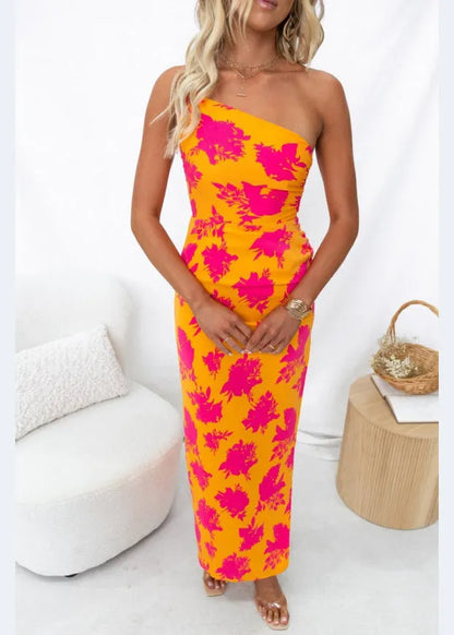Slim Fit Orange One-shoulder Backless Print Cotton Maxi Dresses Summer