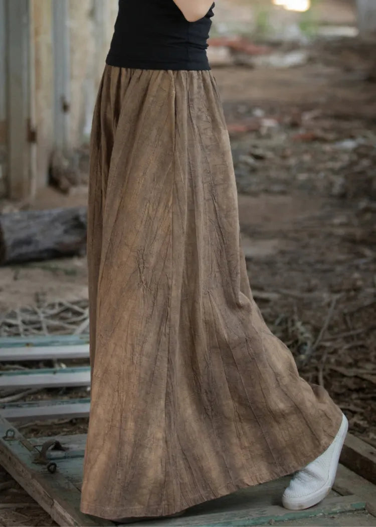 Tea Brown Tie Dye Elastic Waist Exra Large Hem Linen Skirts Summer