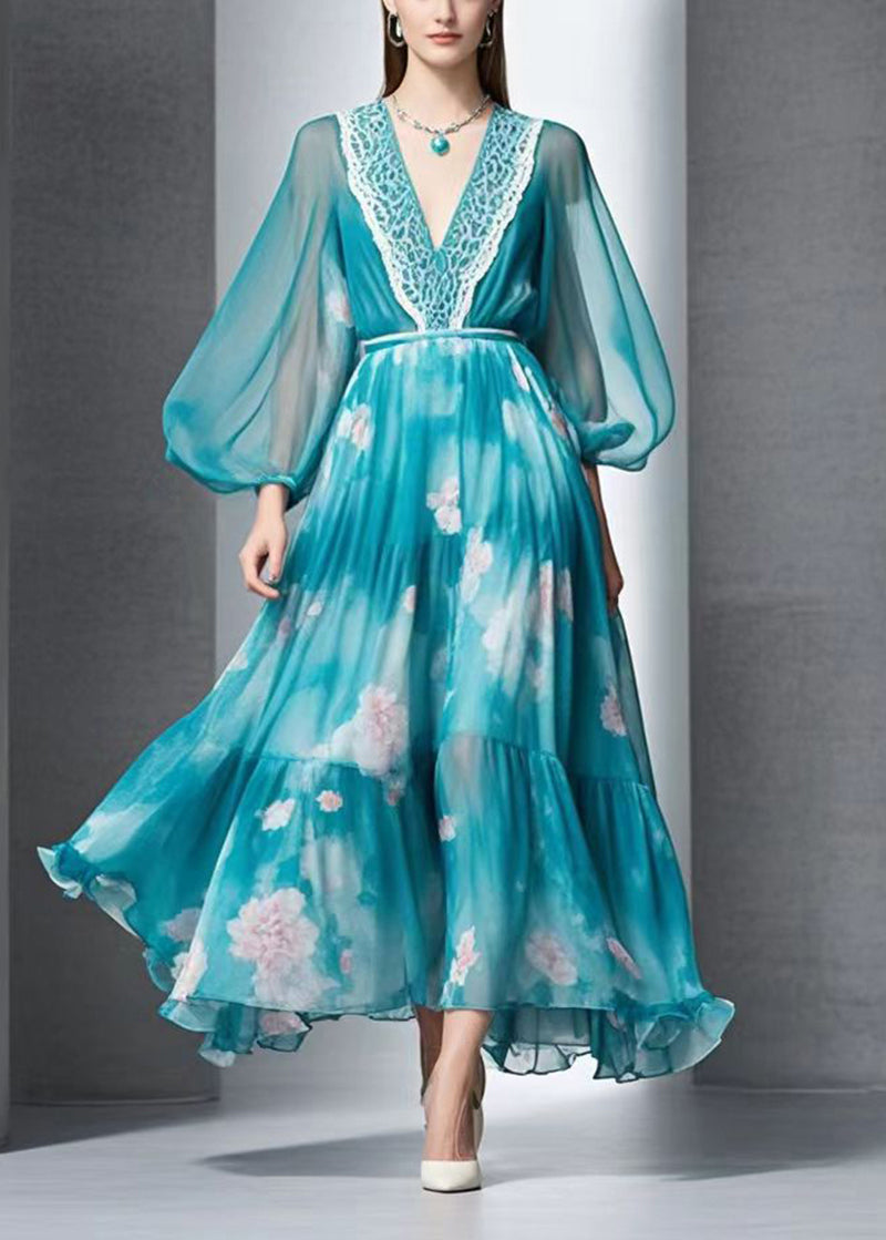 Peacock Blue Print Exra Large Hem Chiffon Long Dress Fall