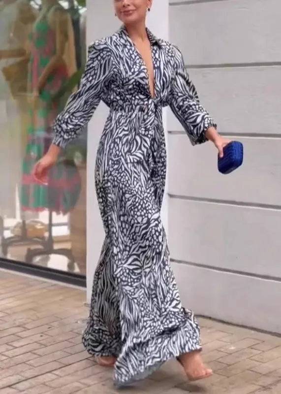 V Neck Print Wide Leg Jumpsuit Spring