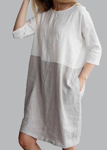 Loose Grey O Neck Patchwork Cotton Mid Dress Bracelet Sleeve
