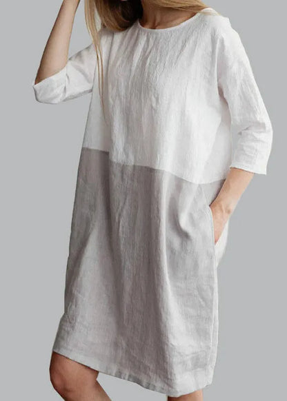 Loose Grey O Neck Patchwork Cotton Mid Dress Bracelet Sleeve