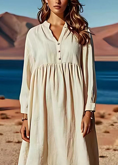 Beige V Neck Wrinkled Patchwork Linen Dresses Long Sleeve
