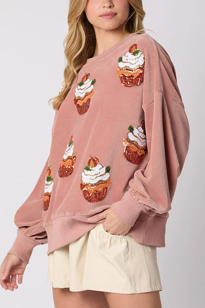Christmas Pumpkin Pie Sequin Crew Neck Loose Sweatshirt