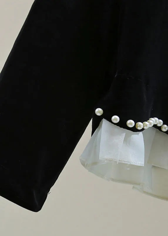 Simple Black O-neck Nail Bead Silk Velvet Sweater Winter