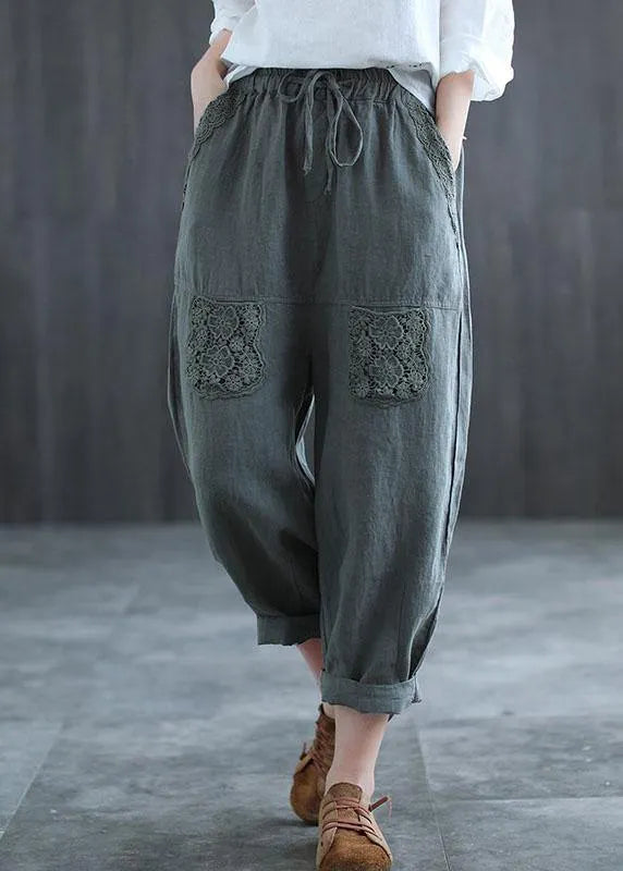 Boutique Mulberry Embroidered Harem Crop Summer Linen Harem Pants