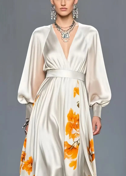 White V Neck Print Silk Cinched Dress Spring