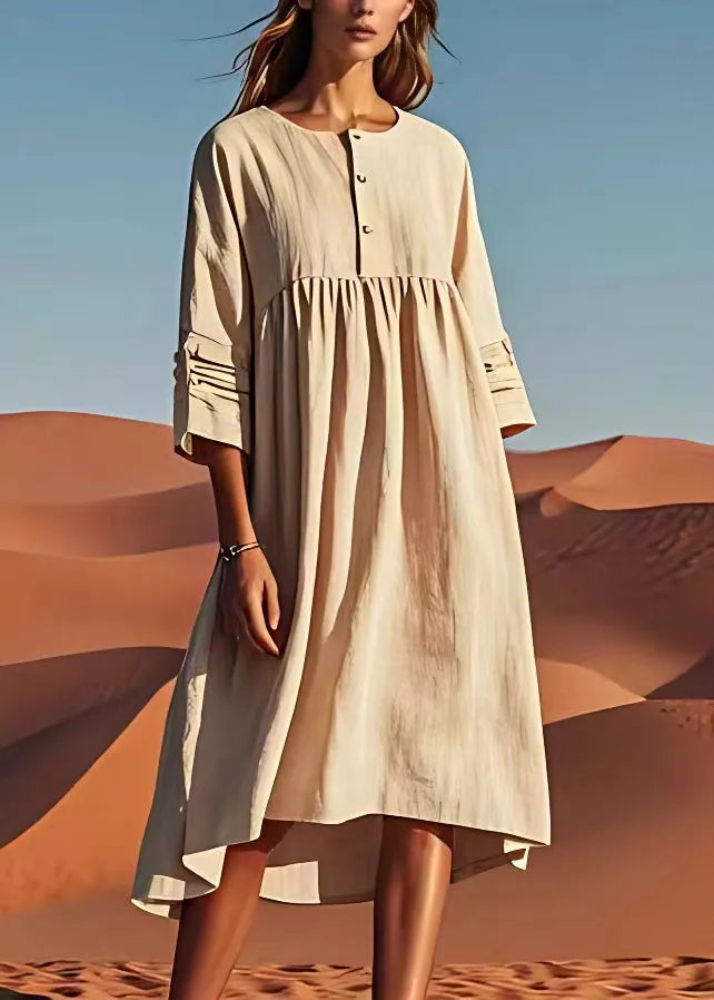 Unique Beige O Neck Wrinkled Linen Dress Summer