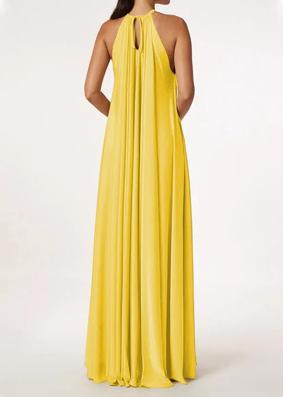 French Yellow Halter Wrinkled Silk Long Dresses Sleeveless