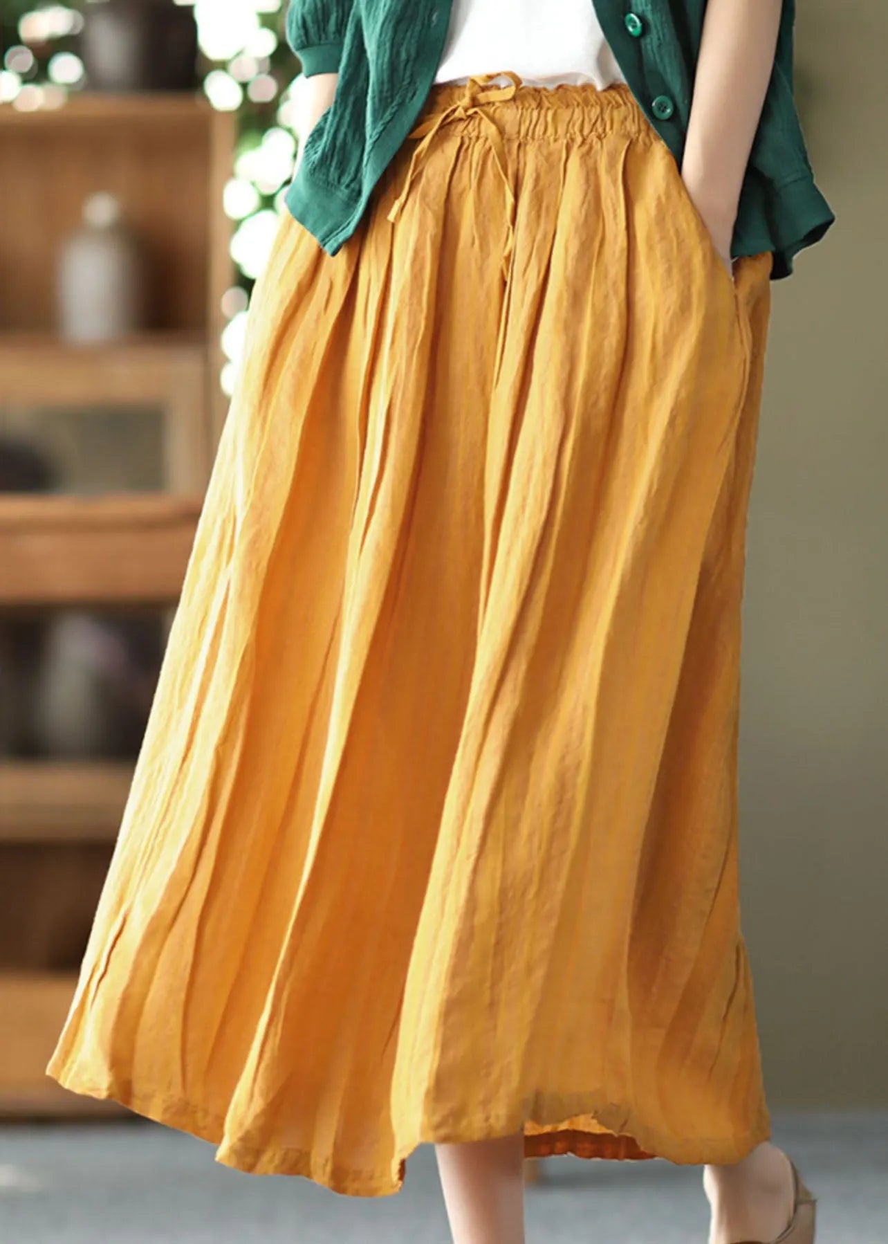 Yellow Wrinkled Patchwork Drawstring Linen Skirts Spring