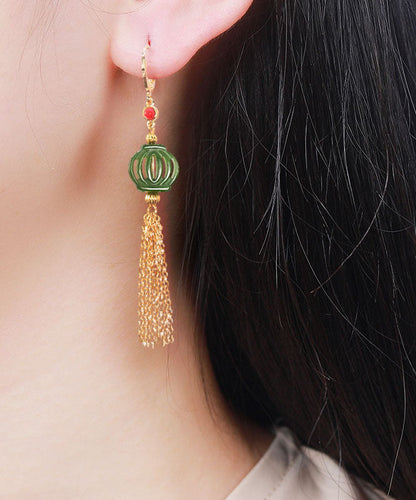 Classy Green 14k Gold Jade Tassel Drop Earrings