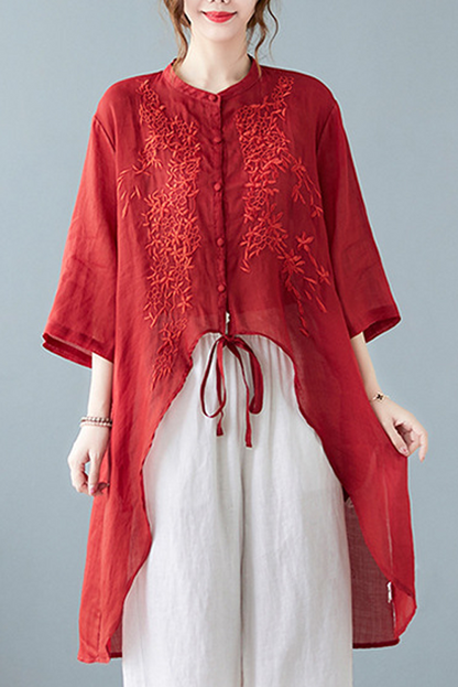 Summer Embroidered Loose Long Top Half Sleeve Ramie Shirt