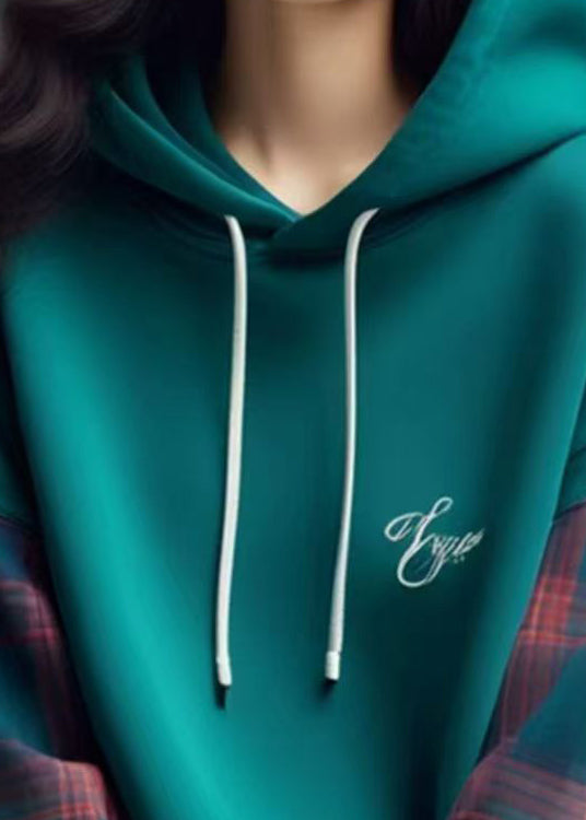 Blue Hooded Plaid Patchwork Cotton Sweatshirts Spring
