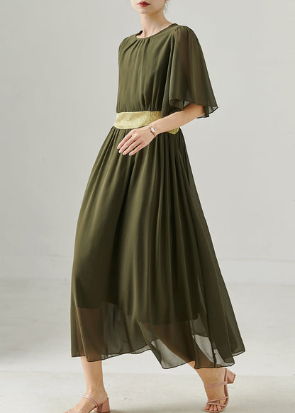 Army Green Exra Large Hem Draping Chiffon Long Dress Summer